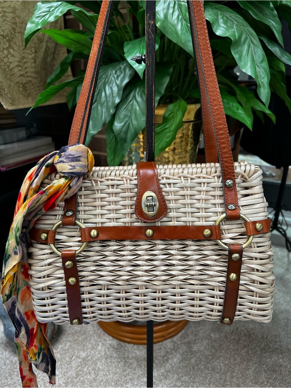 Patricia Nash Cream Woven Satchel with Brown Leather and Floral Scarf